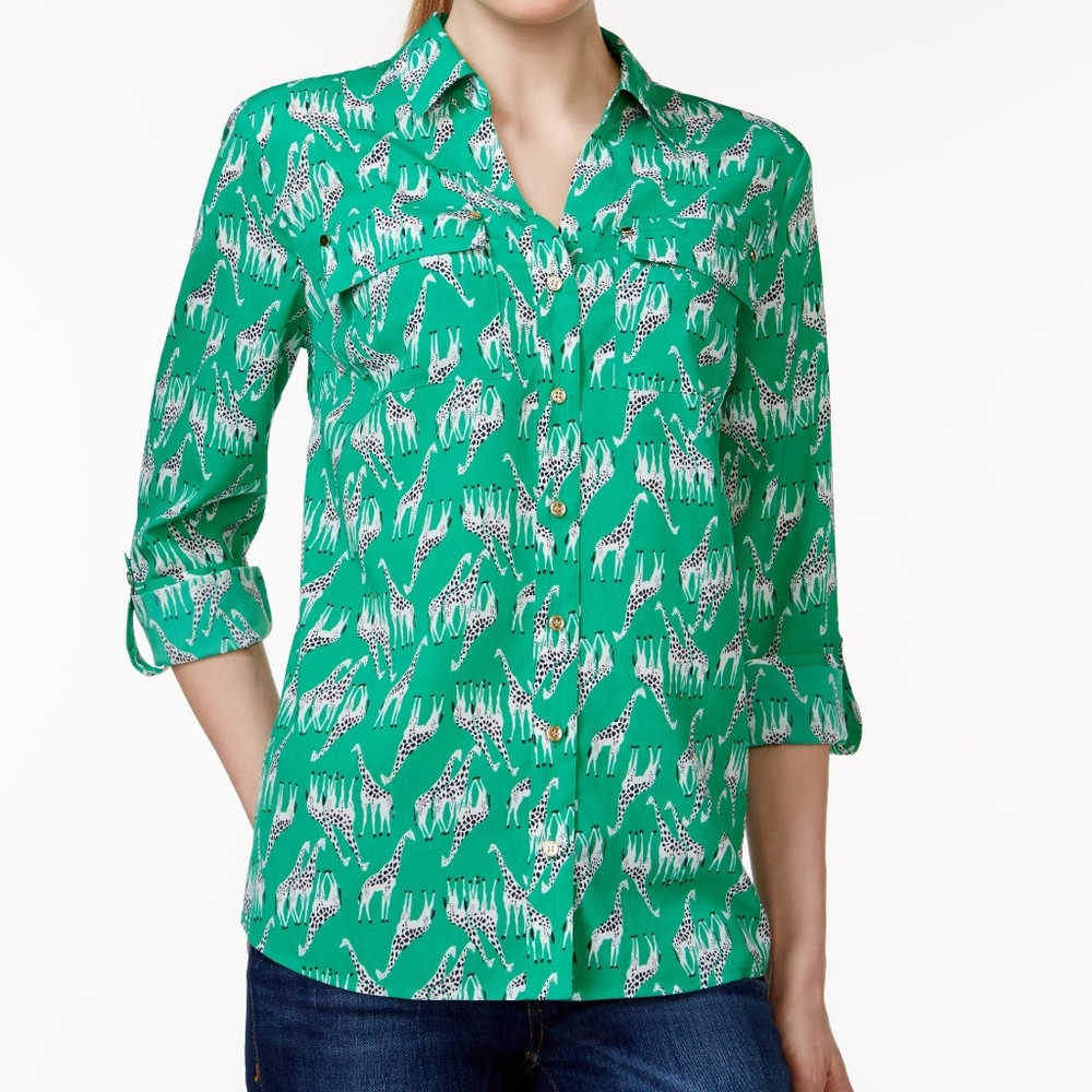 CHARTER CLUB GREEN GIRAFFE PRINT BLOUSE SHIRT TOP